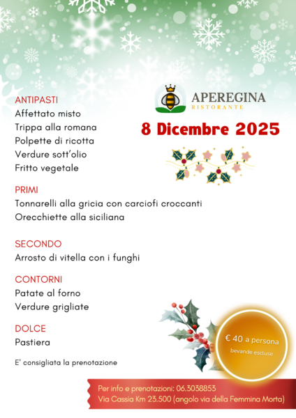 Menu dell'8 Dicembre 2025 al Ristorante Aperegina a Roma