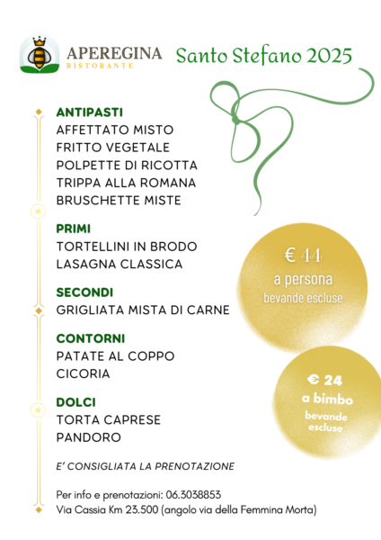 Menu del 26 dicembre 2025 al Ristorante Aperegina a Roma